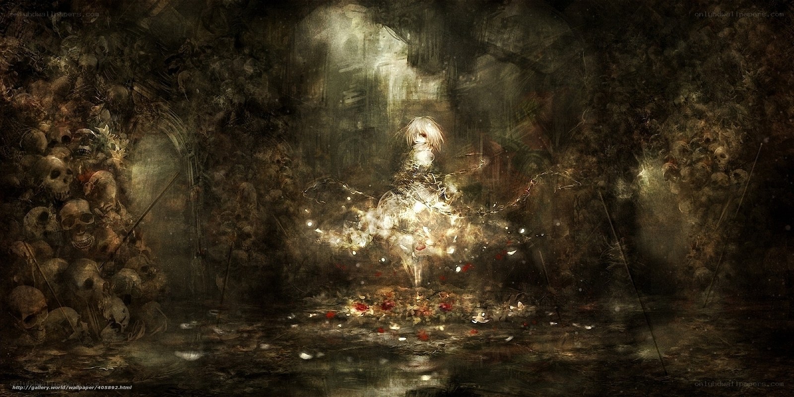 skeletal chamber with glowing figure