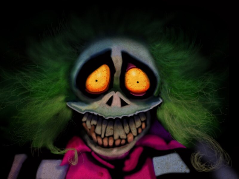 skeletal clown with green hair