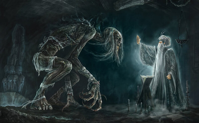 Skeletal Creature and Wizard
