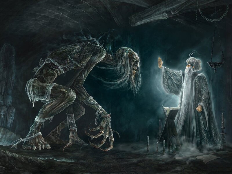 Skeletal Creature Confronting Wizard