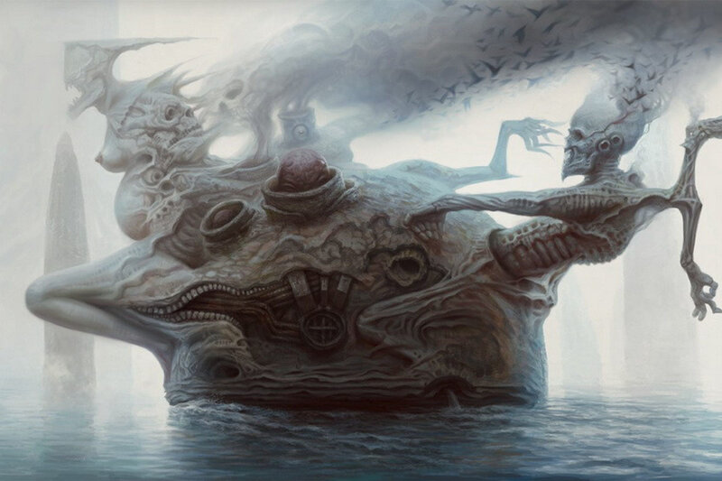 skeletal creature in foggy water