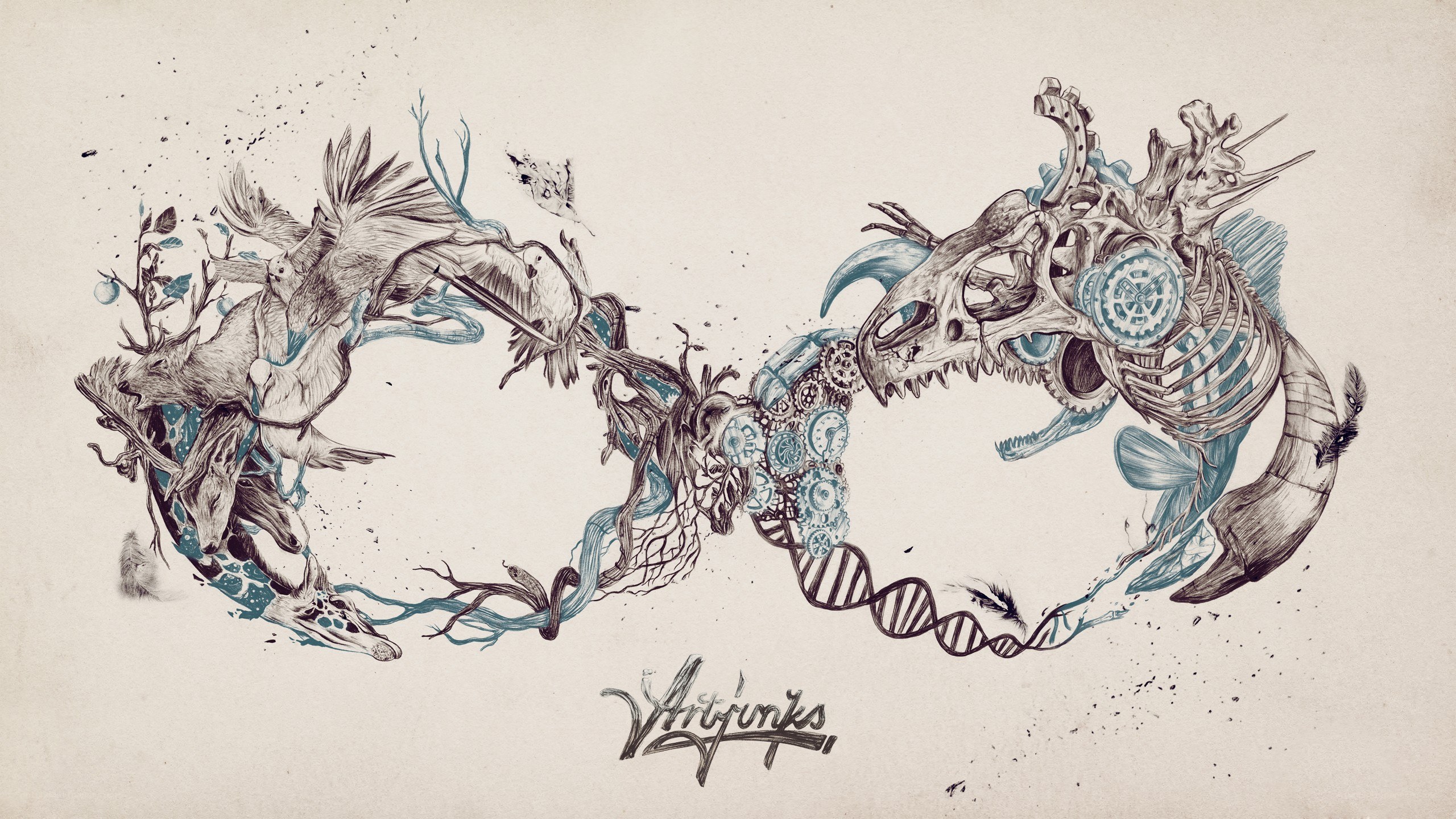 skeletal creature with gears and DNA