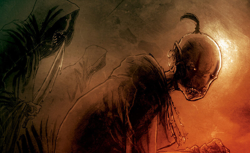 Skeletal Creature with Hooded Figure