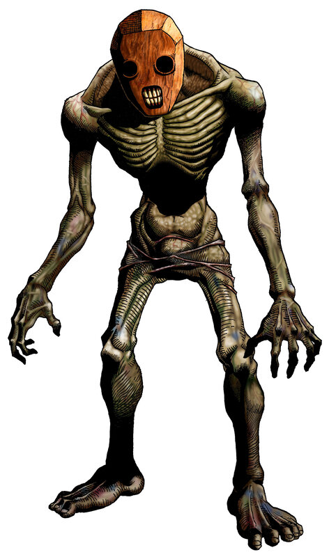 skeletal creature with wooden mask