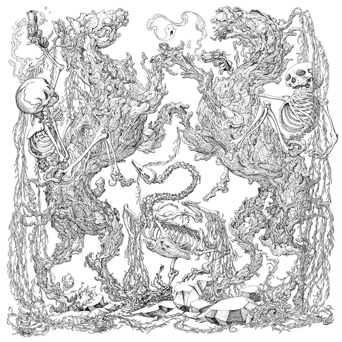 skeletal creatures in a chaotic landscape