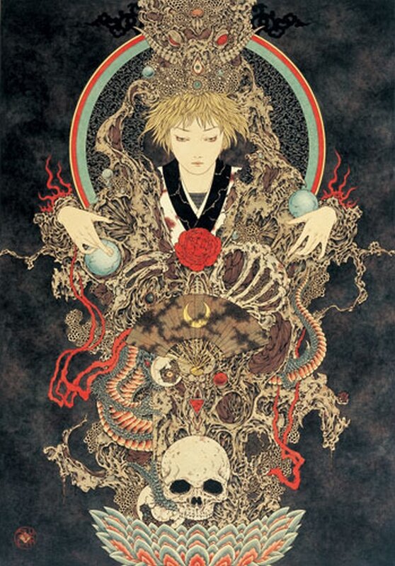 skeletal deity with red rose