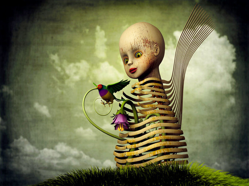 skeletal doll with bird