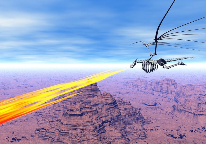skeletal dragon flying over canyon