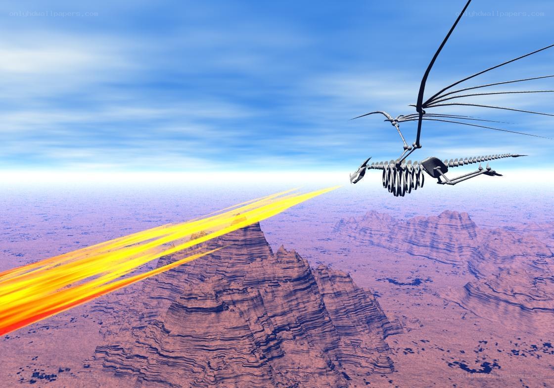 skeletal dragon flying over canyon