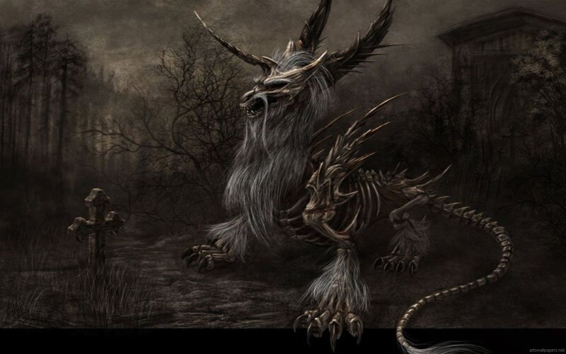 skeletal dragon in a graveyard