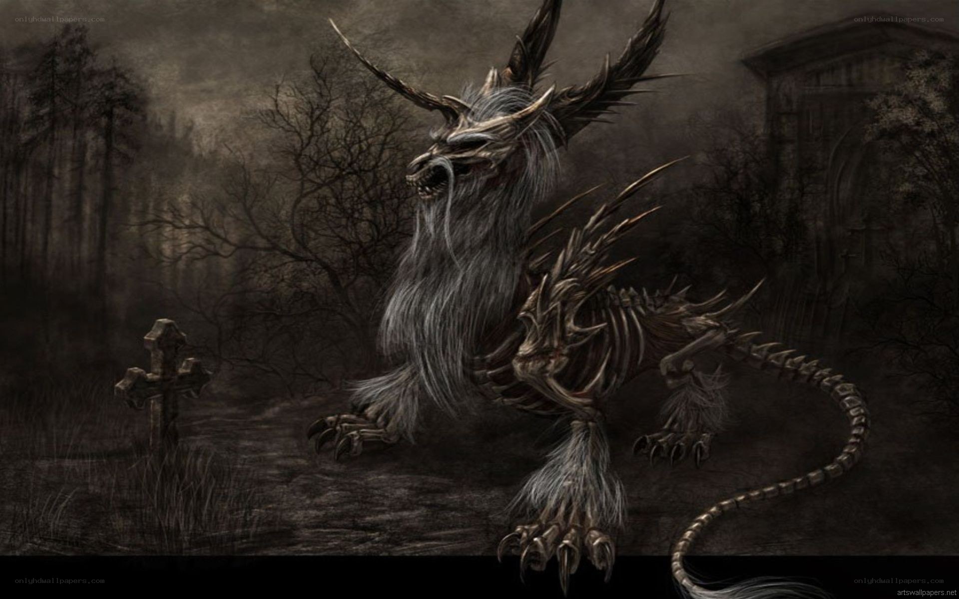 skeletal dragon in a graveyard