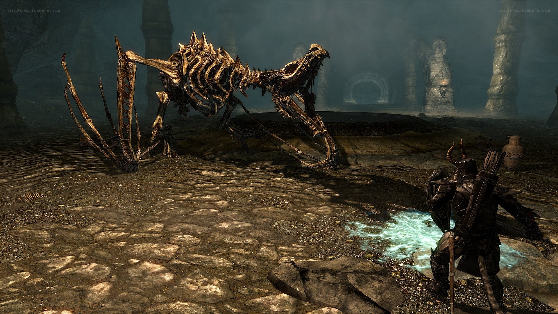 skeletal dragon in ancient ruin