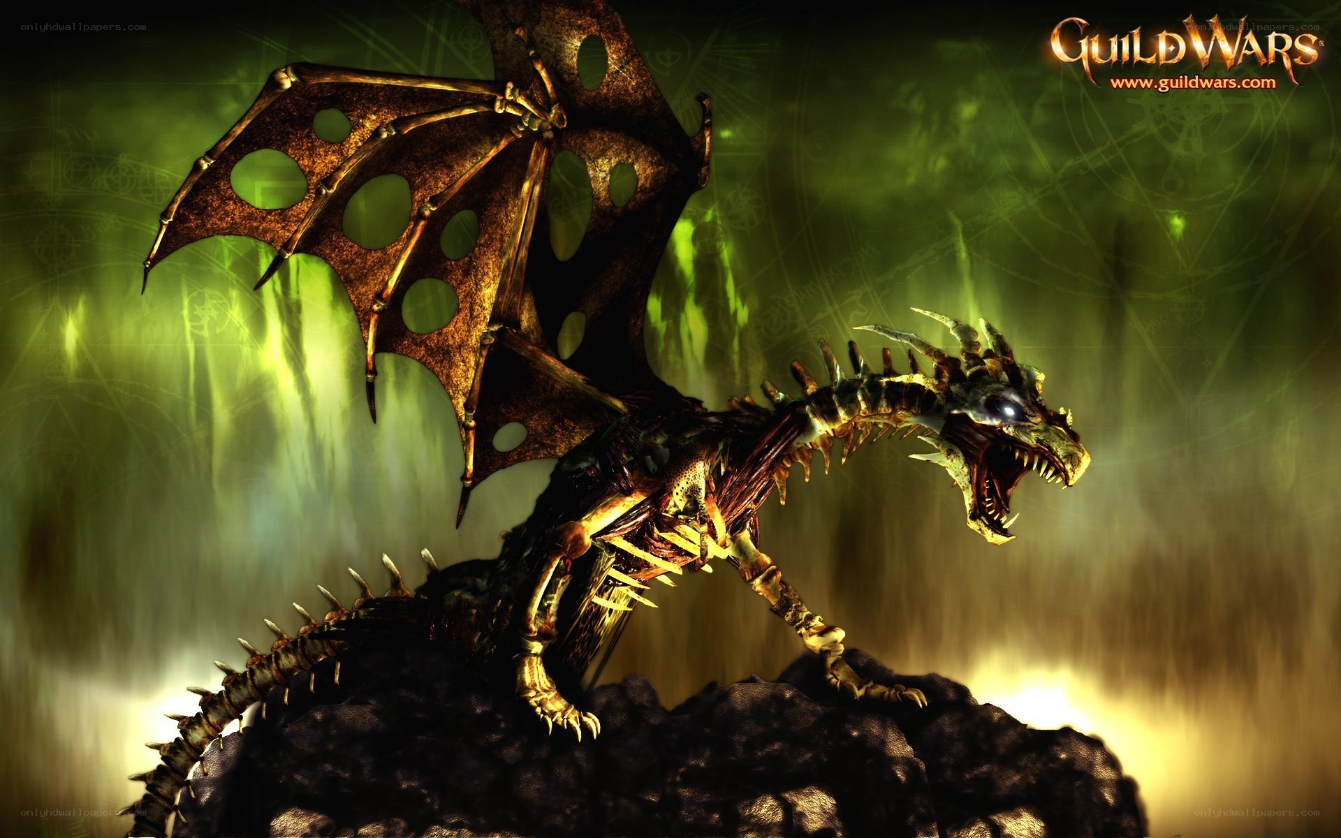 skeletal dragon in green mist