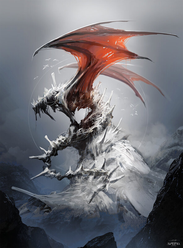 Skeletal Dragon in Mountains — Gray