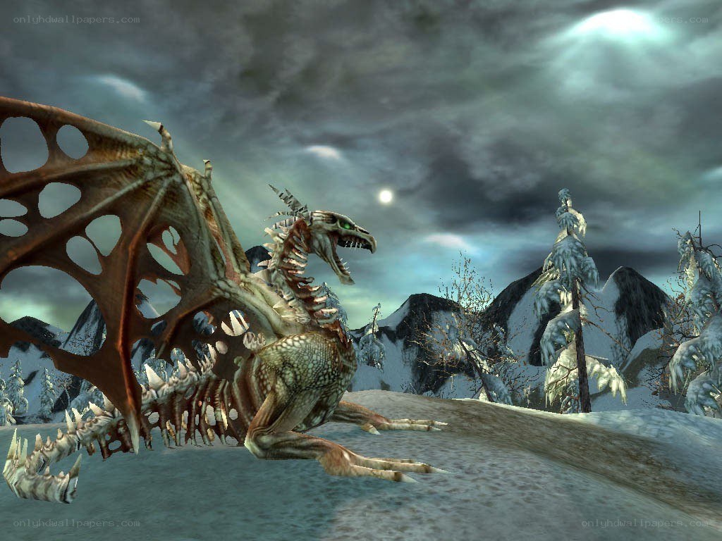 skeletal dragon in snowy landscape