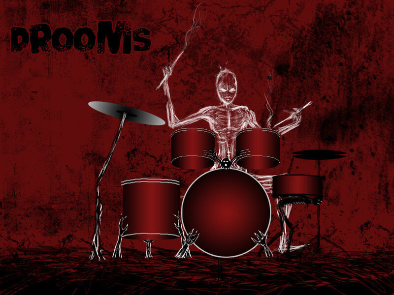 skeletal drummer on red background