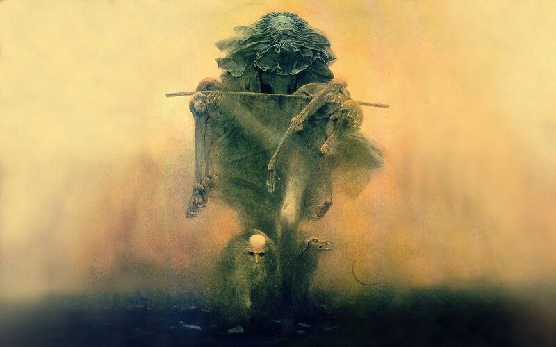 Skeletal Figure Carrying Bones — Yellow, Dramatic