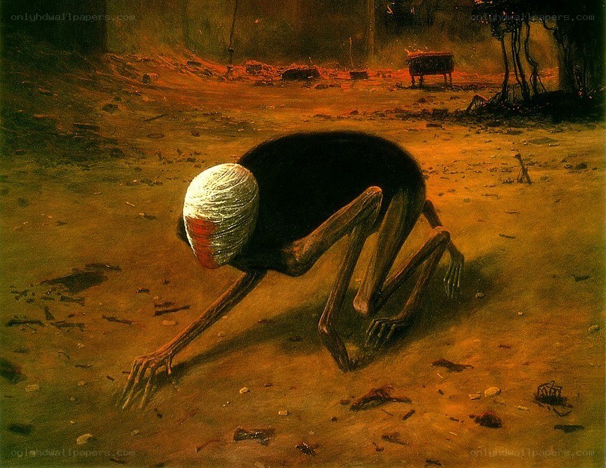 Skeletal figure crawling in desolation