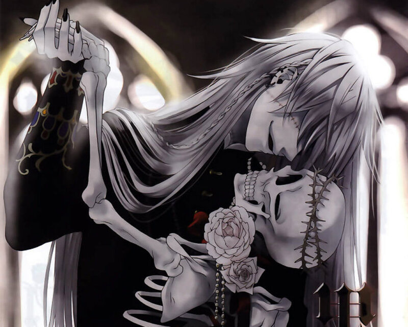 Skeletal Figure Embracing Skull