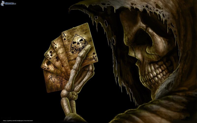 Skeletal Figure Holding Cards — Black, Dark, Night