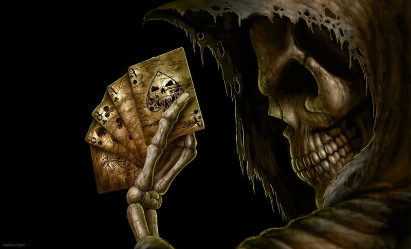 Skeletal Figure Holding Cards — Black, Dark