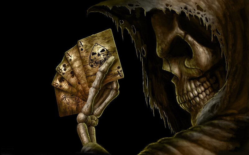 Skeletal Figure Holding Cards — Black