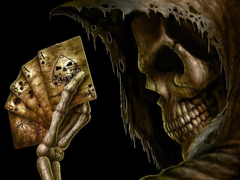 Skeletal Figure Holding Cards
