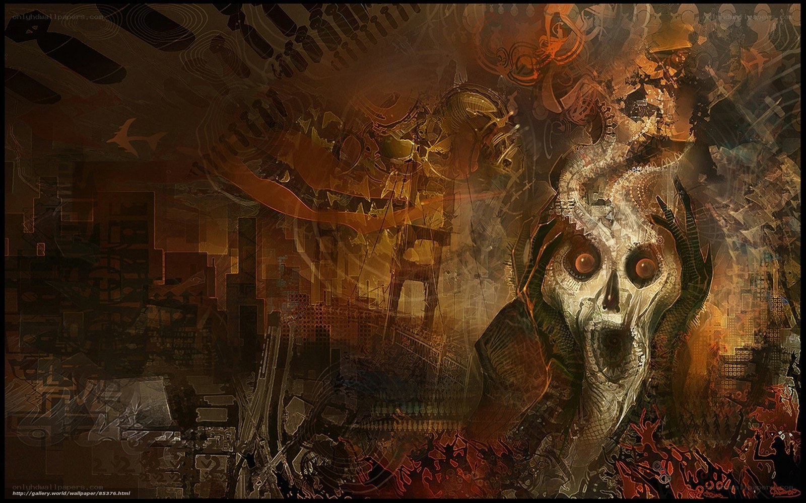 skeletal figure in a dystopian city