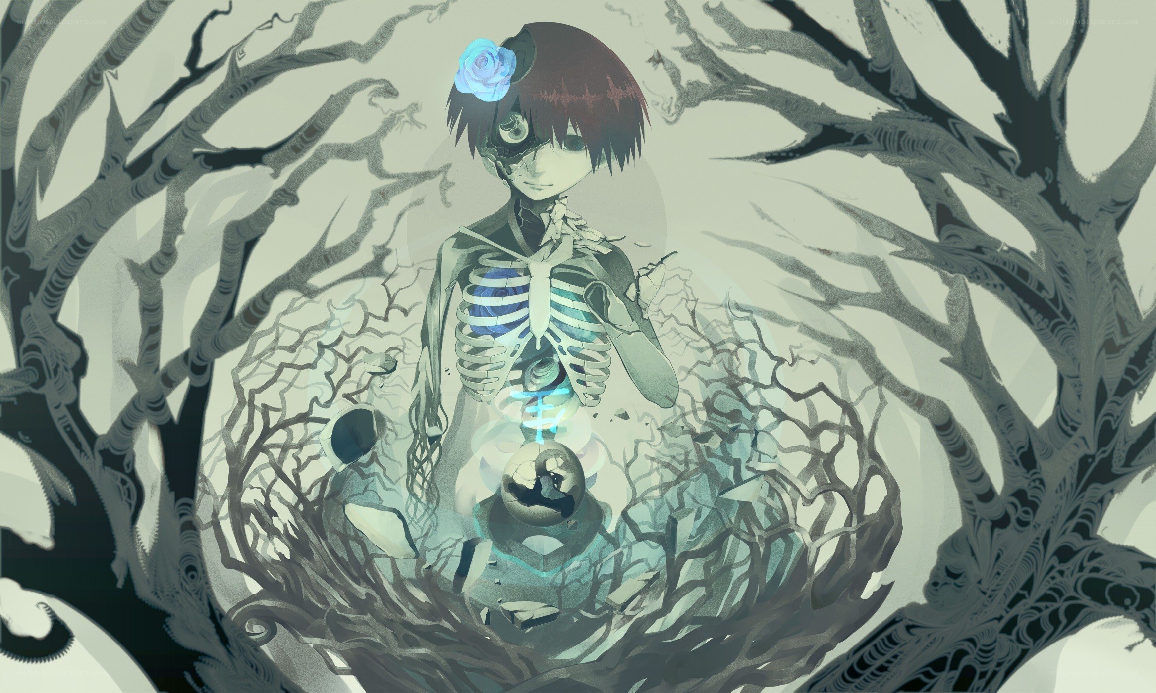skeletal figure in a tree forest