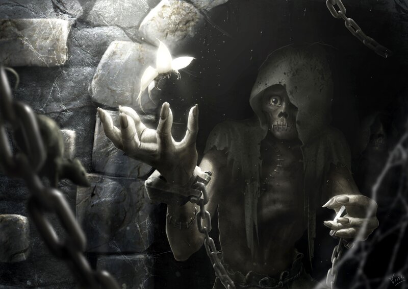 Skeletal Figure in Chains — Gray, Dark, Night