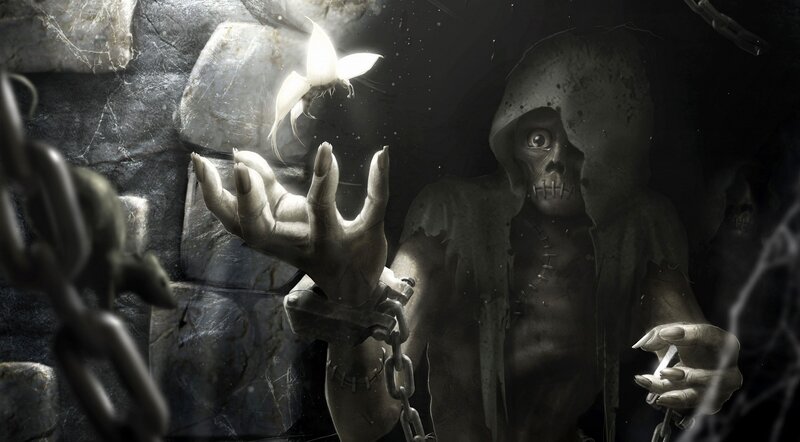 skeletal figure in dark dungeon