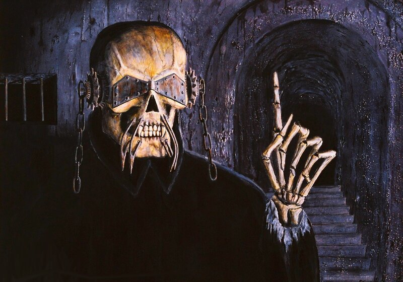 skeletal figure in dark tunnel