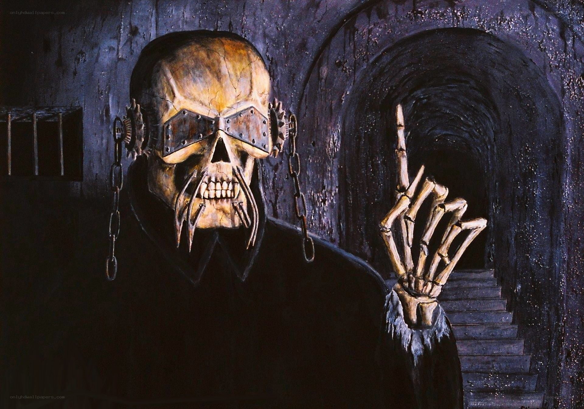 skeletal figure in dark tunnel