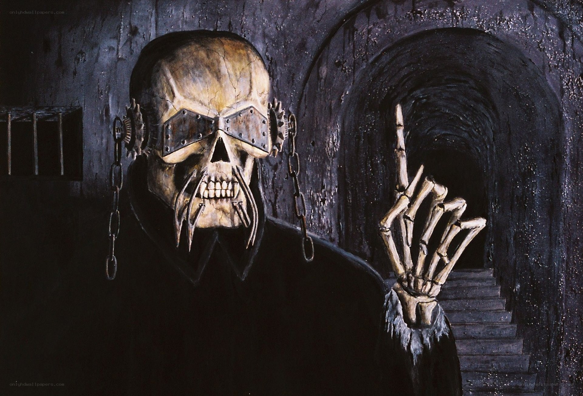 skeletal figure in dark tunnel