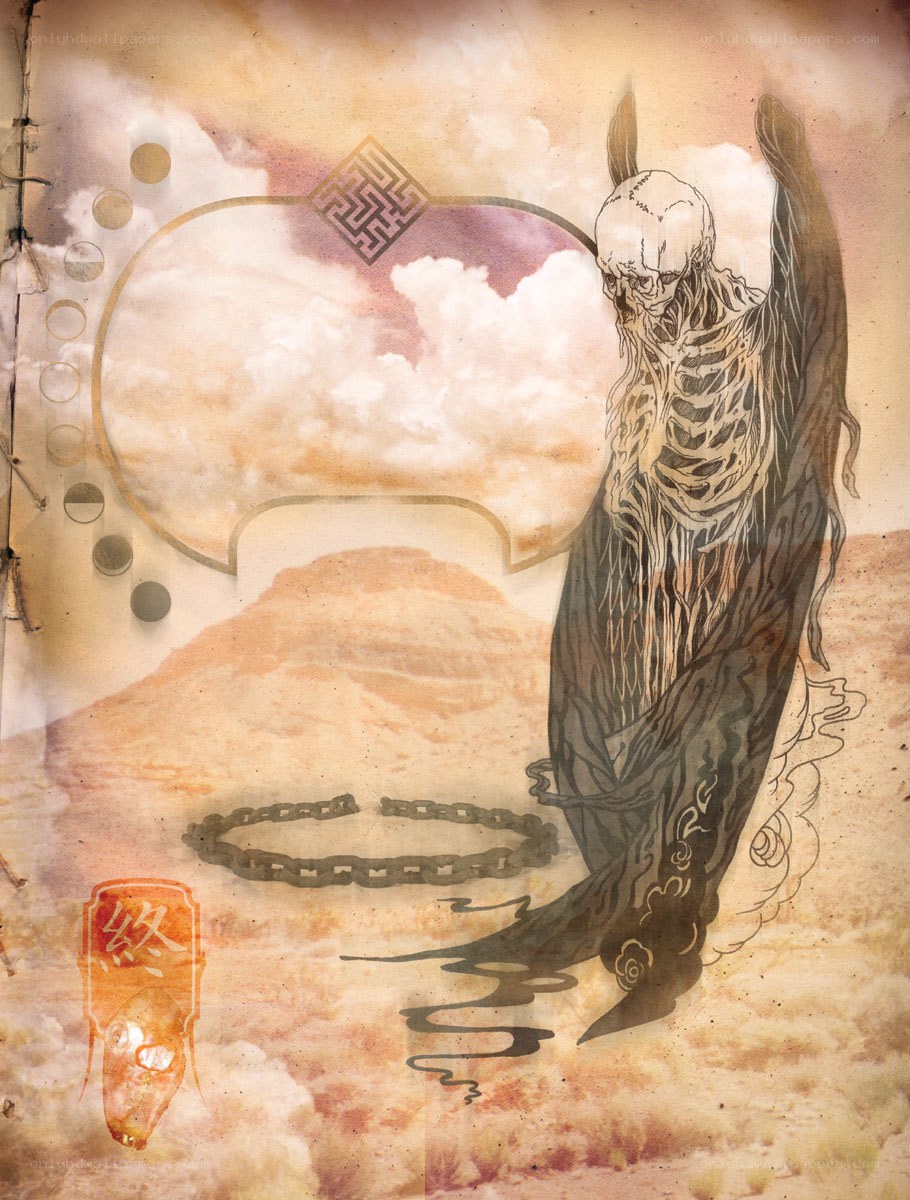 skeletal figure in desert landscape