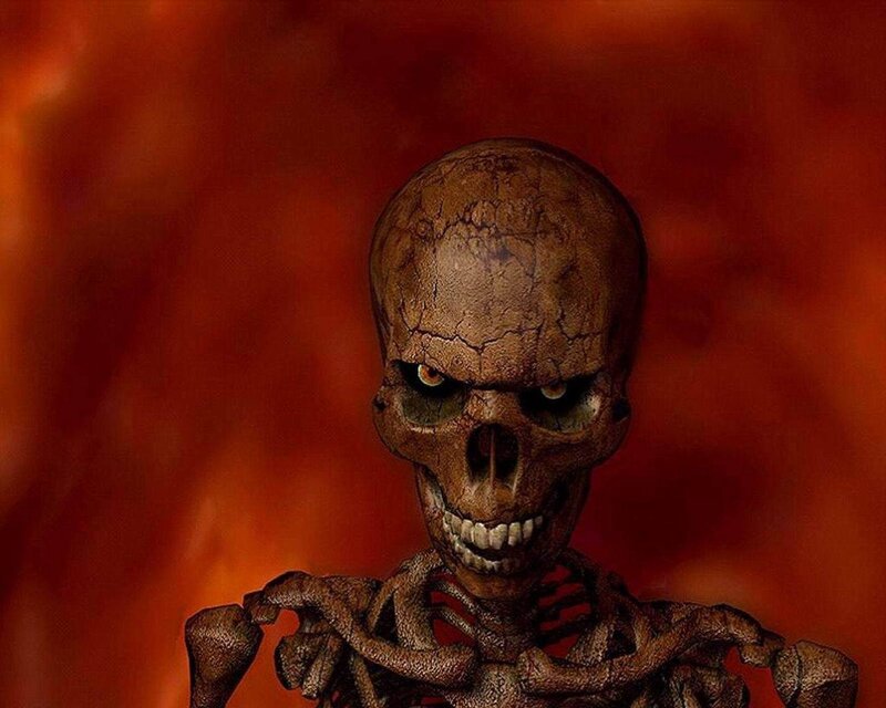 skeletal figure in fiery background