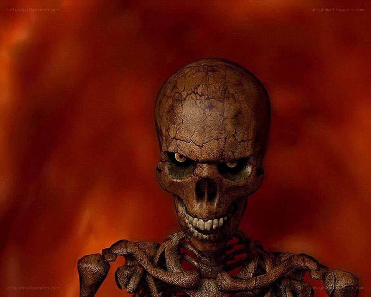 skeletal figure in fiery background