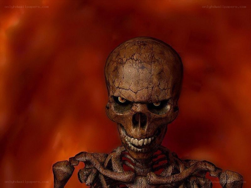 skeletal figure in fiery background