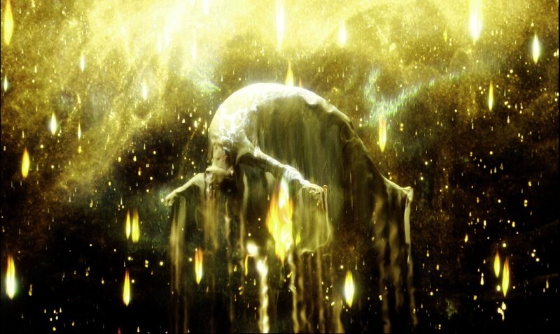 Skeletal Figure in Golden Rain