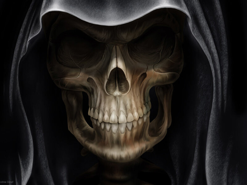 Skeletal Figure in Hood — Black, Dramatic, Digital Art, Skull, Dark Background