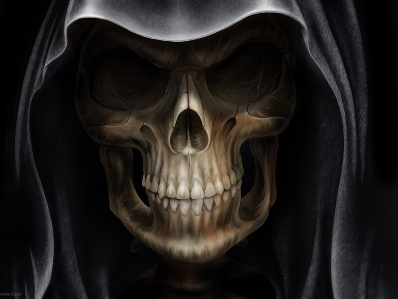 Skeletal Figure in Hood — Black, Dramatic, Digital Art, Skull