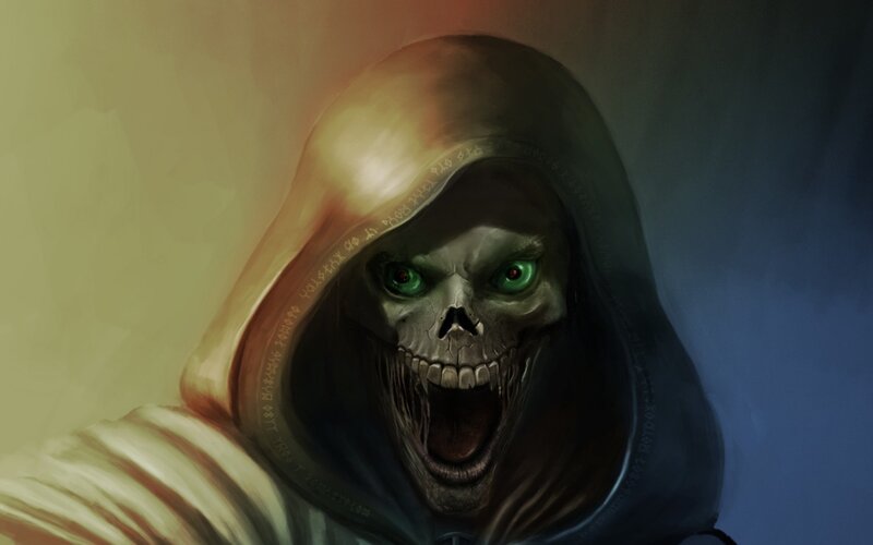 Skeletal Figure in Hood — Black, Dramatic, Digital Art