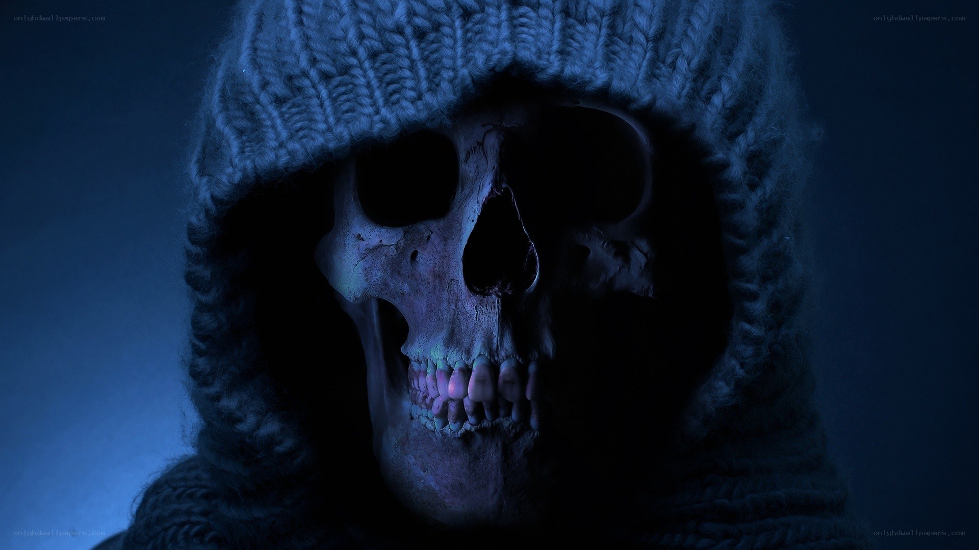 skeletal figure in hood