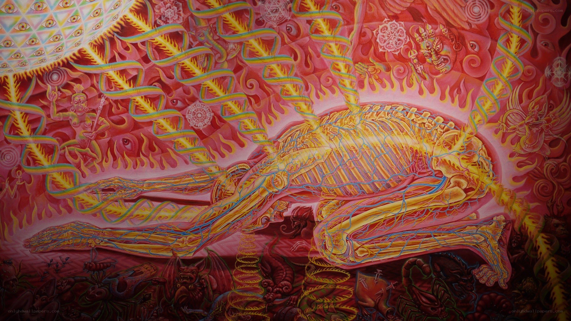 Skeletal figure in psychedelic landscape