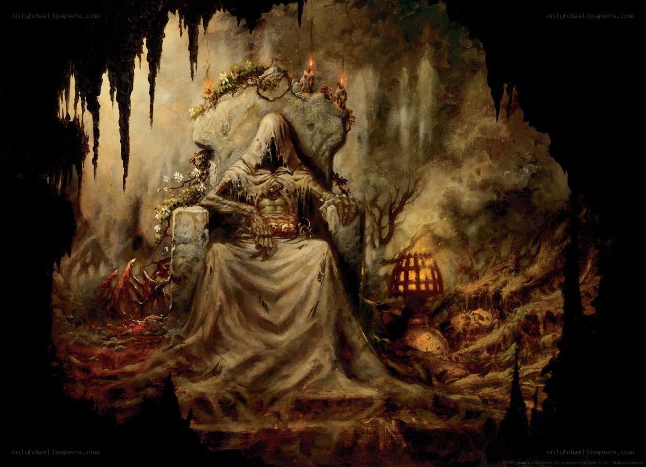 Skeletal figure on a throne