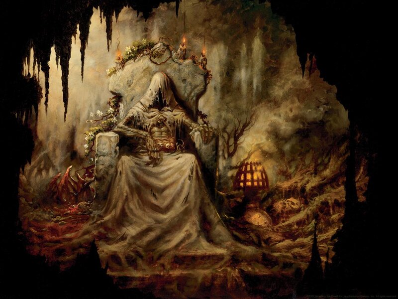 Skeletal figure on a throne