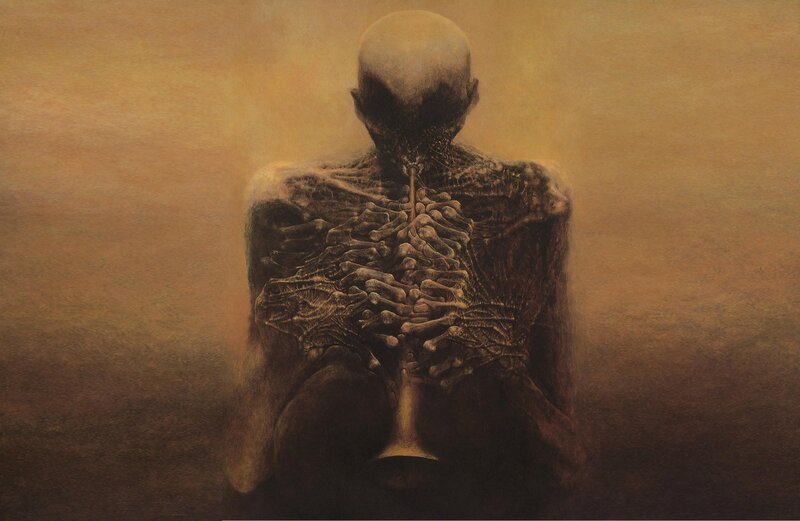 Skeletal Figure Sitting — Brown, Dramatic