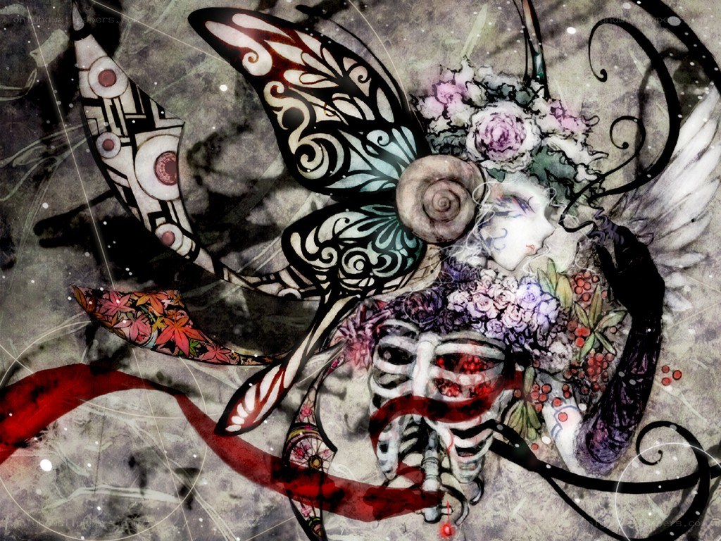skeletal figure with butterfly wings