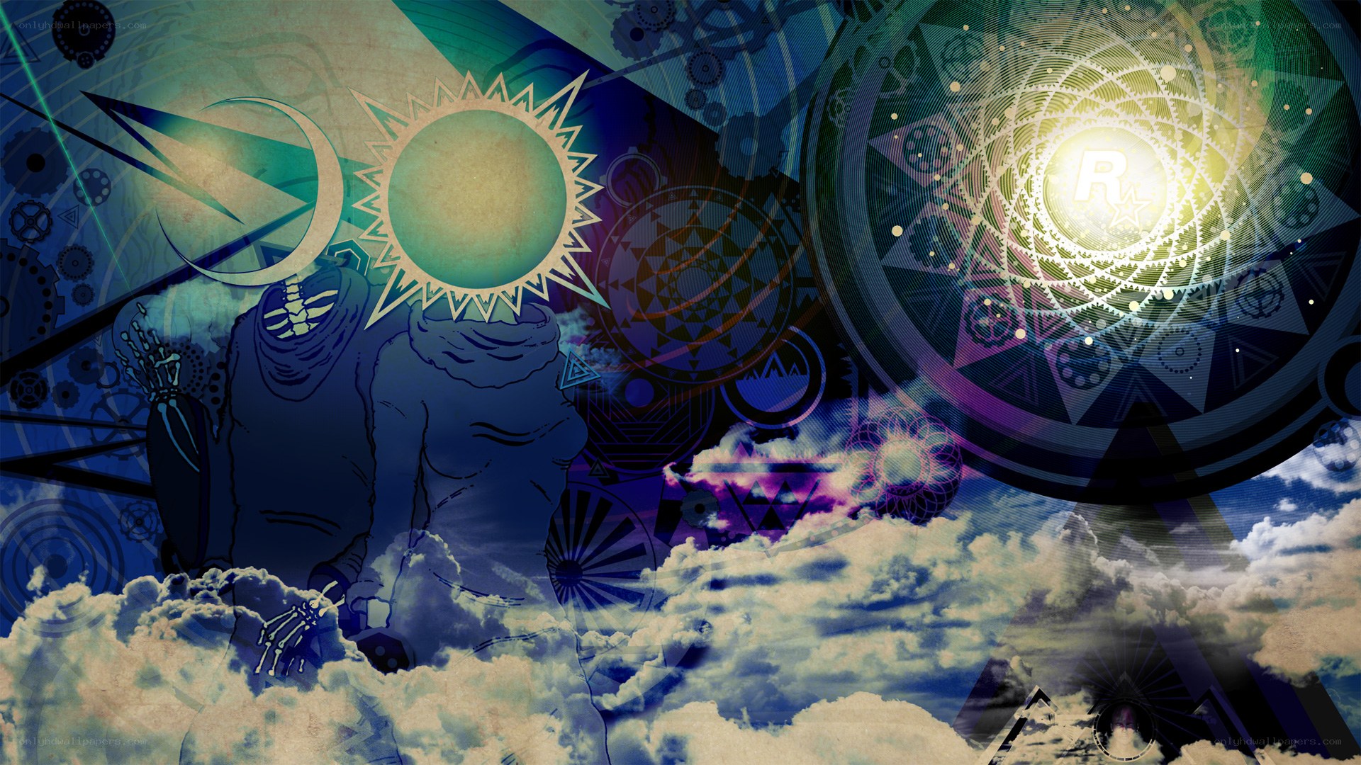 skeletal figure with celestial symbols