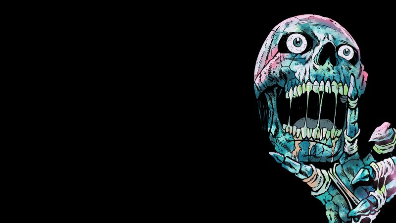 Skeletal Figure with Glowing Eyes — Black, Dark, Comic